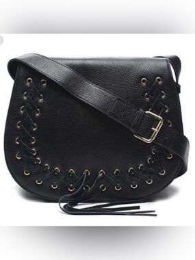 Violetta Pebbled Leather Corset Lace Up Crossbody Saddle Bag Black neutral